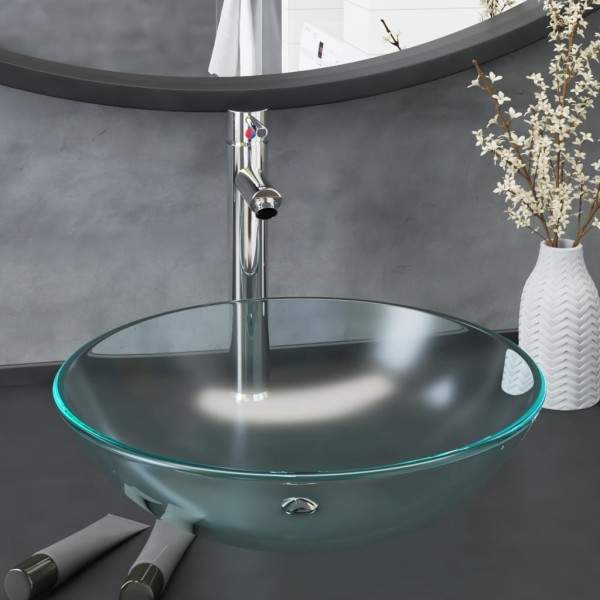 Lavabo con grifo y tapón pulsador cristal templado esmerilado