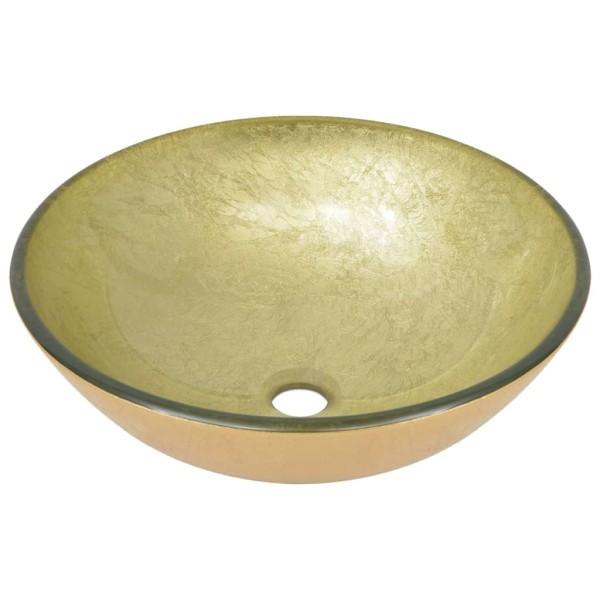 Lavabo grifo tapón pulsador cristal templado dorado