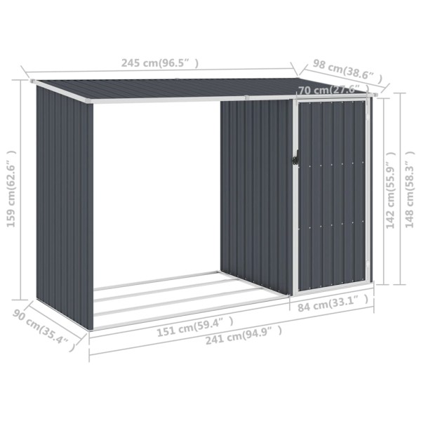 Cobertizo jardín leña antracita acero galvanizado 245x98x159cm