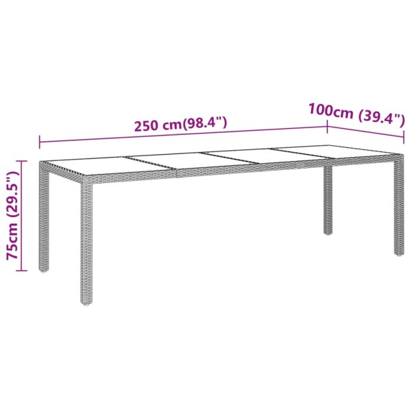 Mesa jardín vidrio templado ratán sintético gris 250x100x75 cm