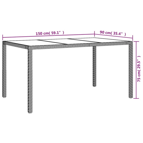 Mesa jardín vidrio templado ratán sintético 150x90x75 cm marrón