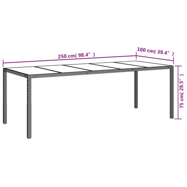 Mesa de jardín de vidrio templado ratán PE gris 250x100x75 cm