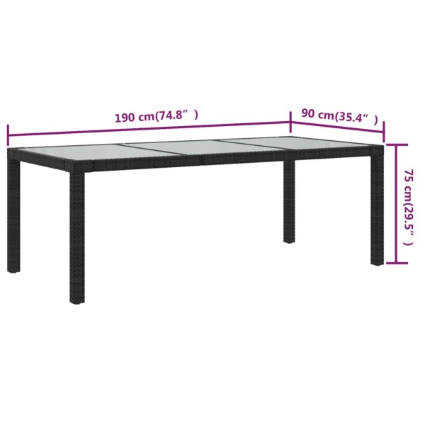 Mesa jardín vidrio templado ratán sintético negra 190x90x75 cm