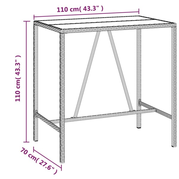 Mesa alta bar con superficie vidrio ratán PE gris 110x70x110 cm