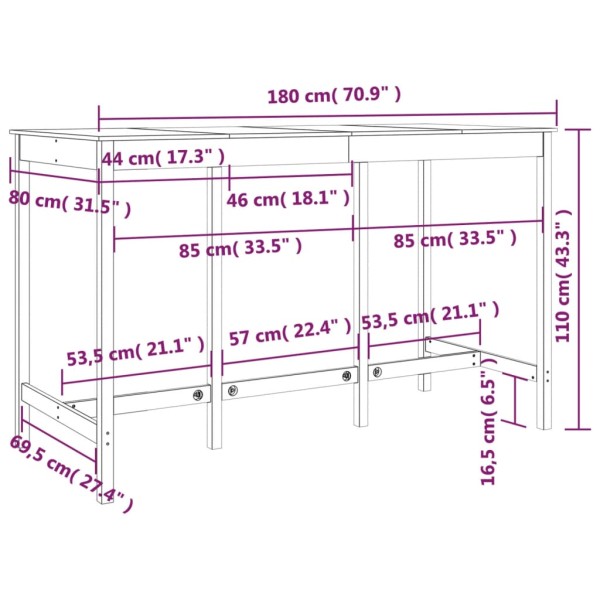 Mesa alta de bar madera maciza de pino negra 180x80x110 cm