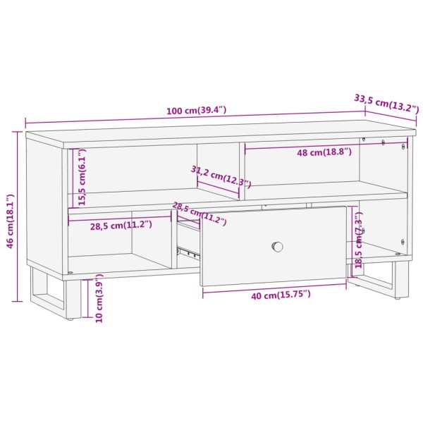 Mueble de TV madera maciza mango marrón y negro 100x33,5x46 cm