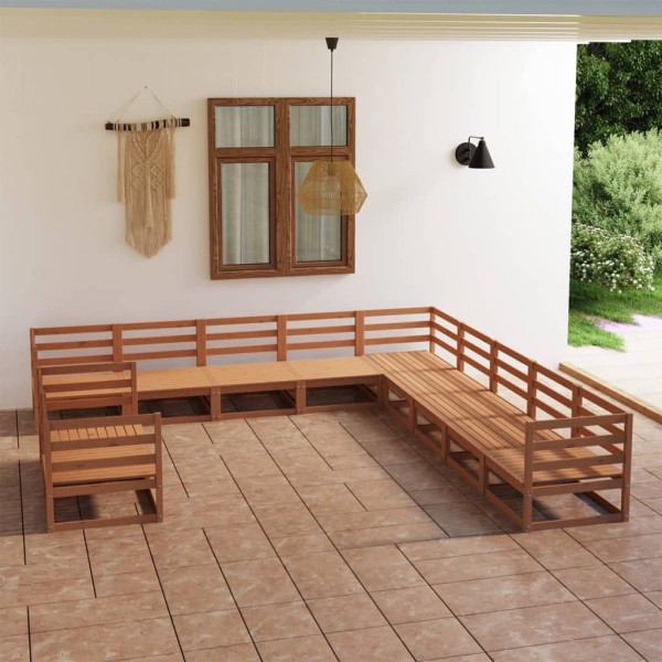 Juego muebles de jardín 11 pzas madera maciza pino marrón miel