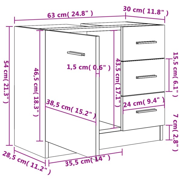 Armario para lavabo madera contrachapada color roble 63x30x54cm