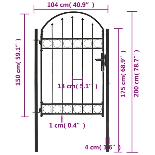 Puerta de jardín con arco superior 100x150 cm acero negro