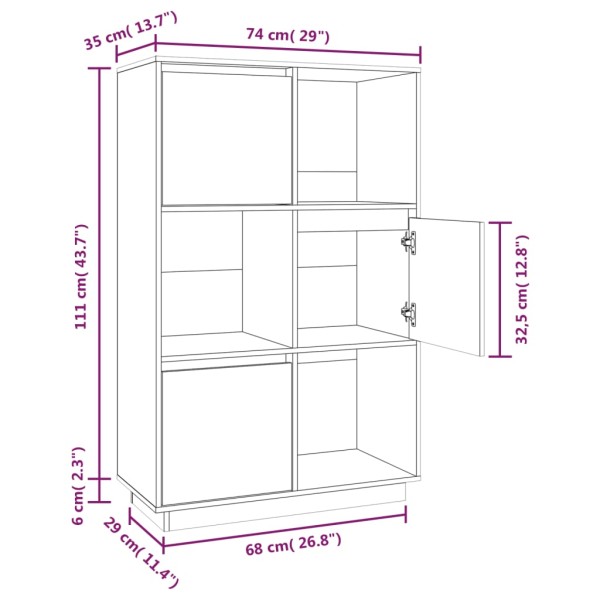 Aparador alto de madera maciza de pino blanco 74x35x117 cm