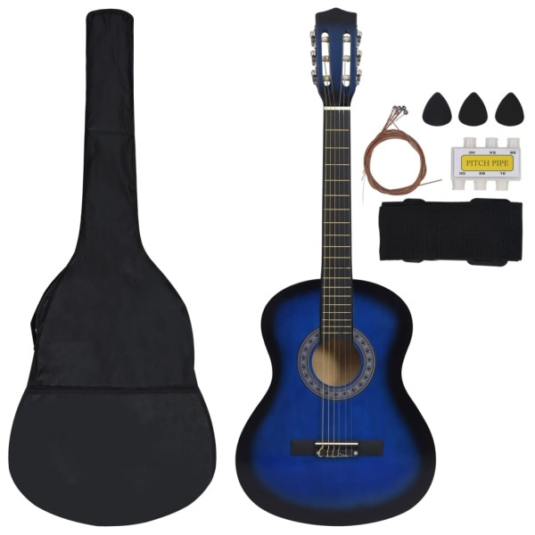 Set de guitarra clásica niños principiantes 8 pzas azul 3/4 36"