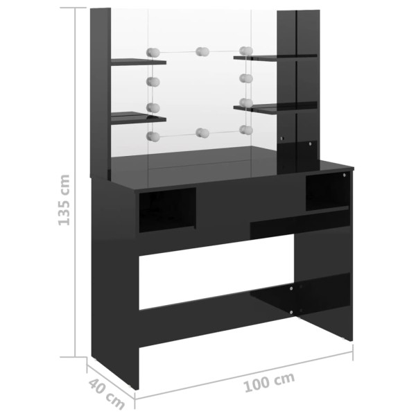 Tocador de maquillaje luces LED MDF negro brillo 100x40x135 cm