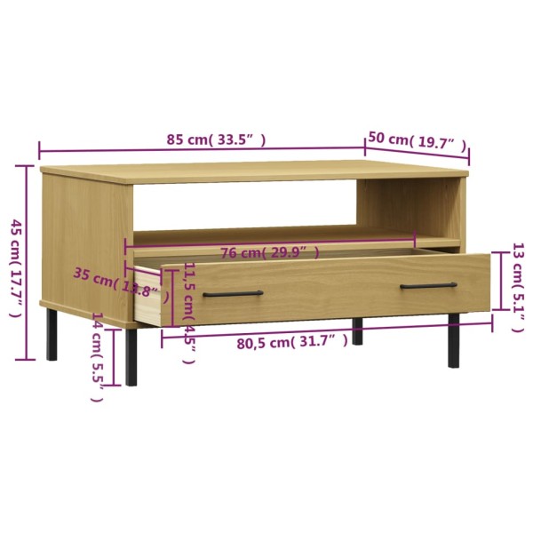 Mesa de centro patas metal OSLO madera maciza marrón 85x50x45cm