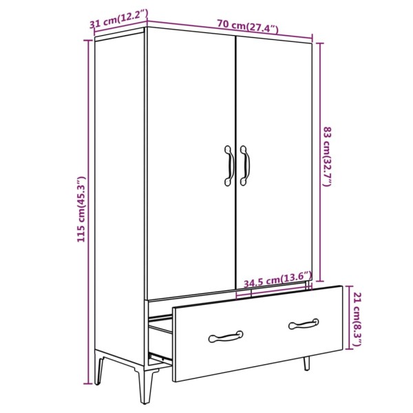 Aparador alto de madera contrachapada marrón roble 70x31x115 cm