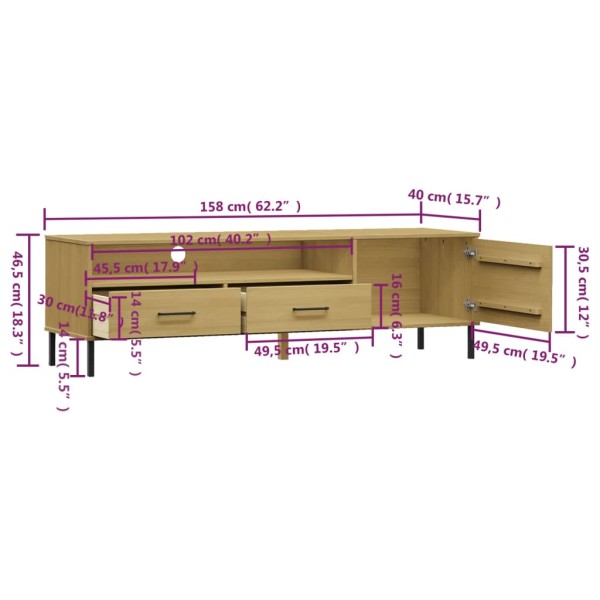 Mueble de TV con patas de metal OSLO madera maciza pino marrón