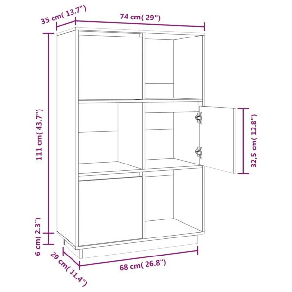 Aparador alto de madera maciza de pino marrón miel 74x35x117 cm