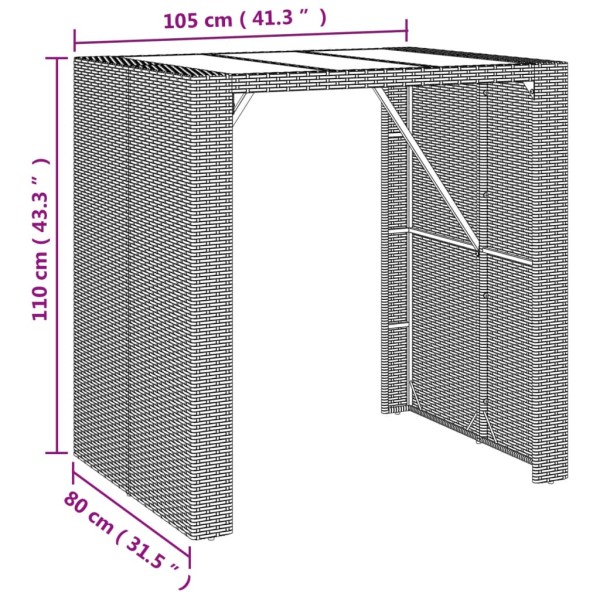 Mesa alta bar ratán PE y superficie vidrio negro 105x80x110 cm