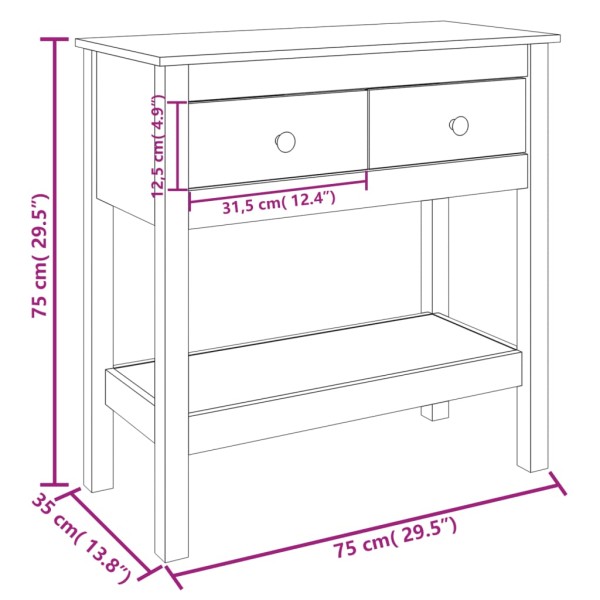 Mesa consola de madera maciza de pino blanco 75x35x75 cm