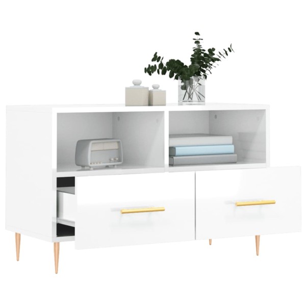 Mueble de TV madera contrachapada blanco brillo 80x36x50 cm