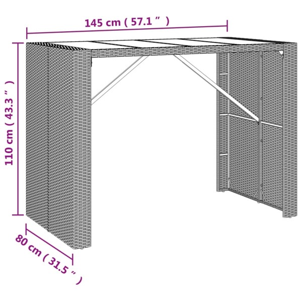 Mesa alta bar superficie vidrio ratán PE marrón 145x80x110 cm