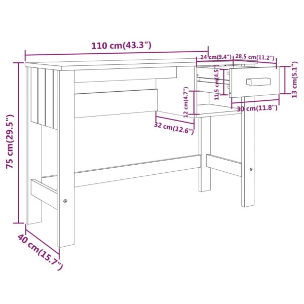 Escritorio HAMAR madera de pino maciza marrón miel 110x40x75 cm