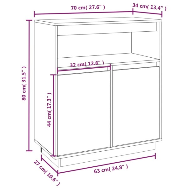 Aparador de madera maciza de pino gris 70x34x80 cm