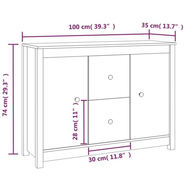 Aparador de madera maciza de pino gris 100x35x74 cm