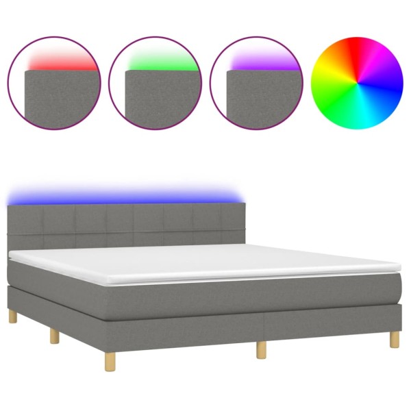 Cama box spring con colchón y LED tela gris oscuro 180x200 cm