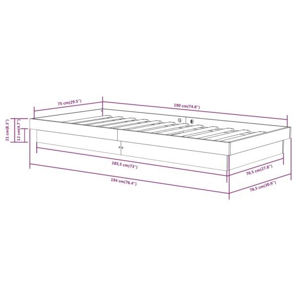 Estructura de cama individual madera maciza gris 2FT6 75x190 cm