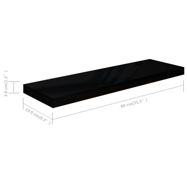 Estante flotante de pared MDF negro brillante 80x23,5x3,8 cm