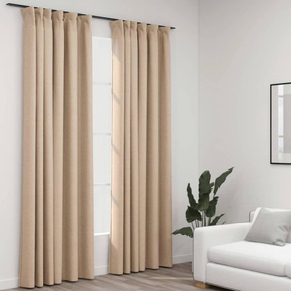 Cortinas opacas con ganchos look de lino 2 pzas beige 140x225cm