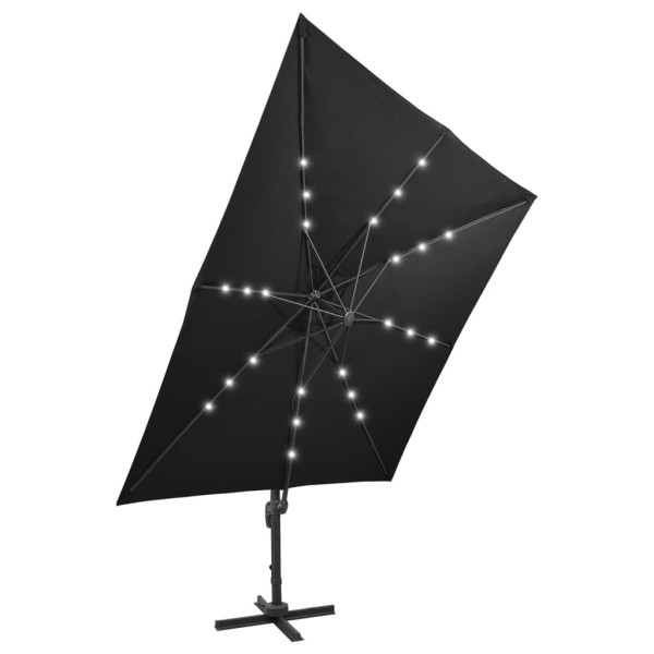 Sombrilla voladiza con poste y luces LED negra 300 cm