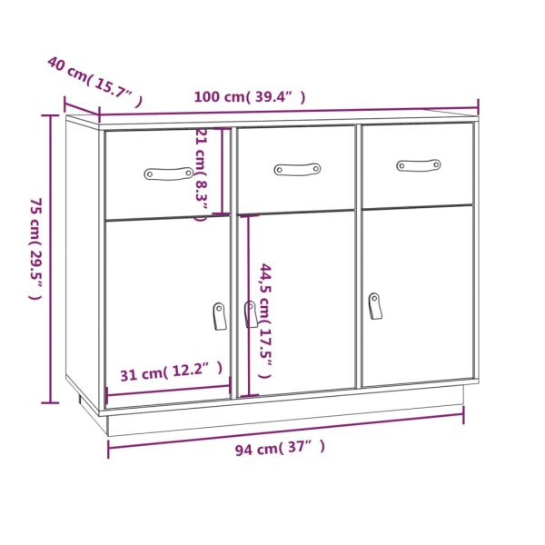 Aparador de madera maciza de pino gris 100x40x75 cm