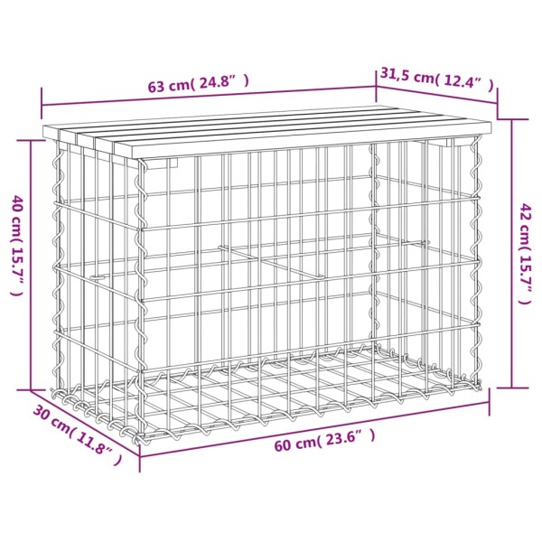 Banco jardín diseño gavión madera pino impregnada 63x31,5x42 cm