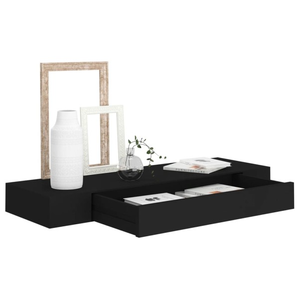 Estante flotante de pared con cajón negro 80x25x8 cm