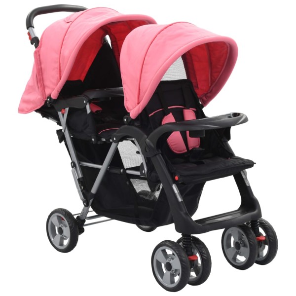 Carrito para 2 niños tandem de acero rosa y negro