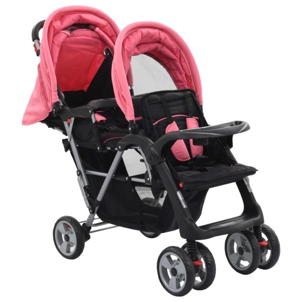 Carrito para 2 niños tandem de acero rosa y negro