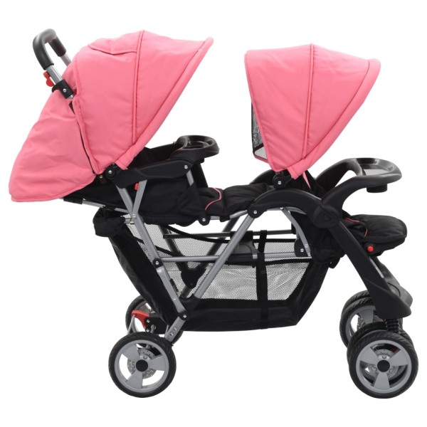 Carrito para 2 niños tandem de acero rosa y negro