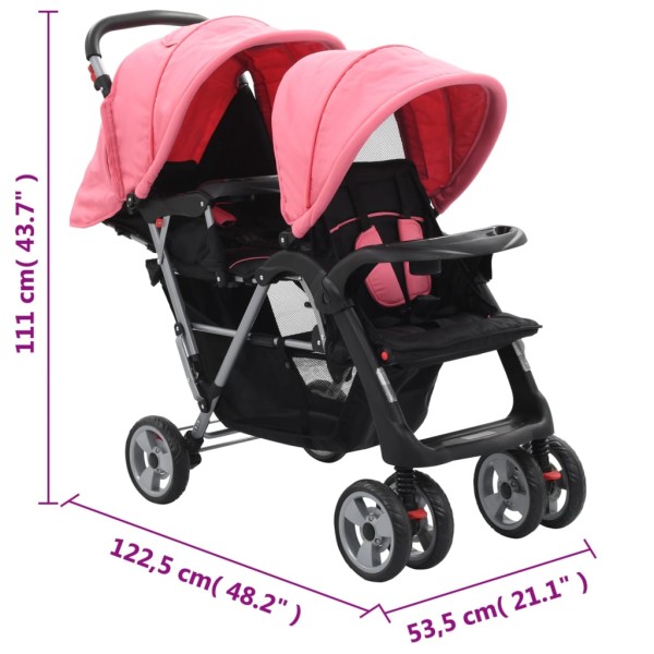 Carrito para 2 niños tandem de acero rosa y negro