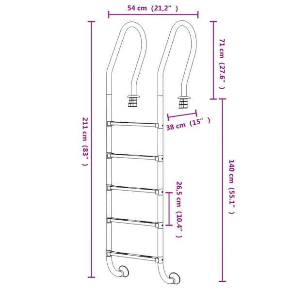 Escalera para piscina acero inoxidable 304 54x38x211 cm