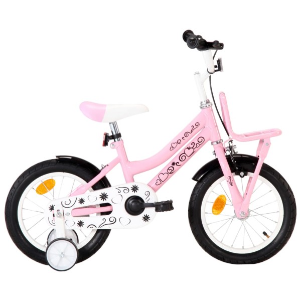 Bicicleta niños y portaequipajes delantero 14" blanca y rosa