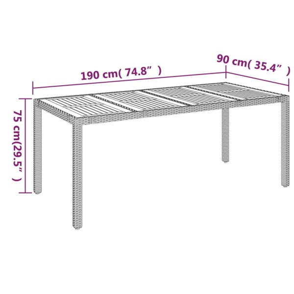 Mesa de jardín superficie de madera ratán PE gris 190x90x75 cm