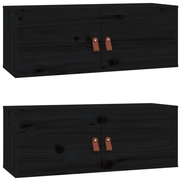 Armarios de pared 2 uds madera maciza pino negro 80x30x30 cm