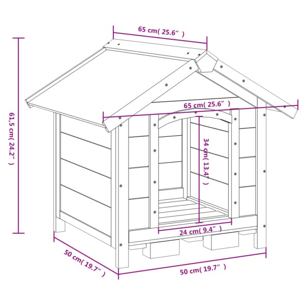 Caseta para perros madera maciza de pino gris 65x65x61,5 cm