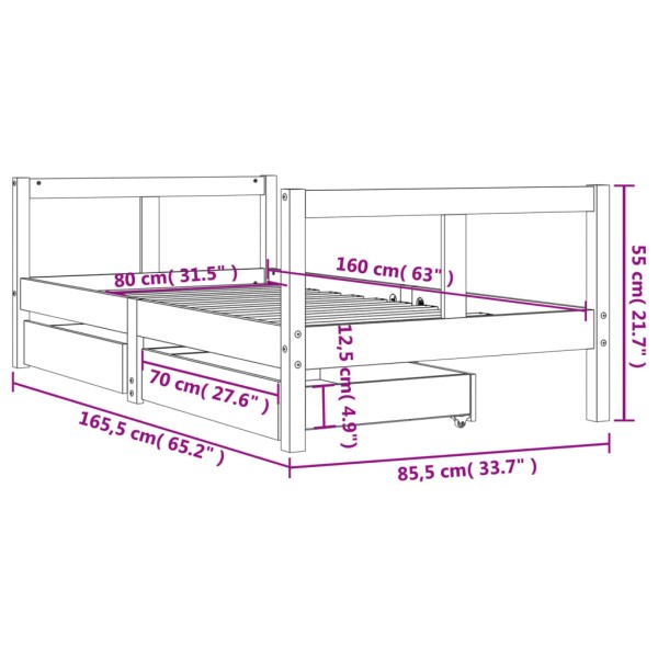 Estructura de cama infantil con cajones madera de pino 80x160cm