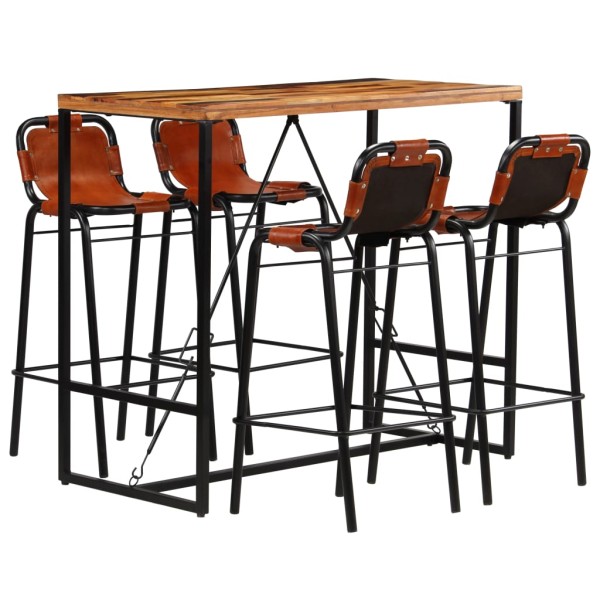 Set muebles bar 5 piezas madera maciza reciclada y cuero cabra