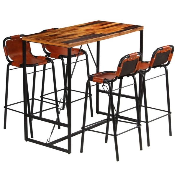 Set muebles bar 5 piezas madera maciza reciclada y cuero cabra