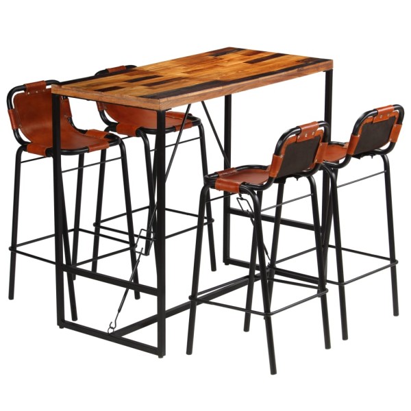 Set muebles bar 5 piezas madera maciza reciclada y cuero cabra