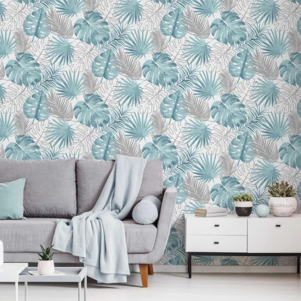 DUTCH WALLCOVERINGS Papel pintado hojas de monstera azul