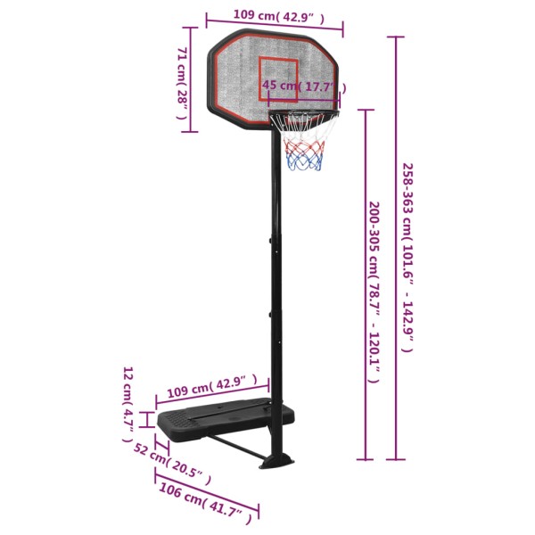 Canasta de baloncesto polietileno negro 258-363 cm